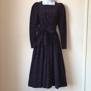 Laura Ashley Vintage Diamond/Floral Corduroy Dress Navy/Red/Green w/Belt Sz US 8